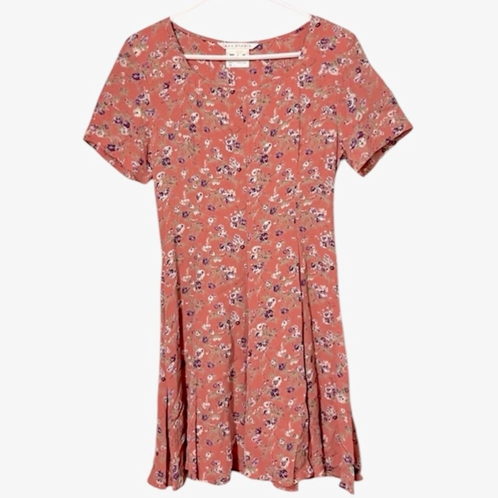 MAX STUDIO Floral Roses Short Sleeve Pink Flowy Mini Rayon Dress Sz 8